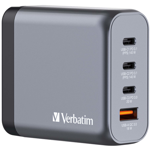 32203 Cargador de pared Verbatim GAN de 140 W combina dos puertos USB-C PD 140 W un puerto USB-C PD 20 W y un puerto USB-A QC 30  32203