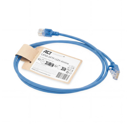 ACT Blauwe 0.5 meter LSZH S/FTP CAT6A slimline patchkabel snagless met RJ45 connectoren, afbeelding 2