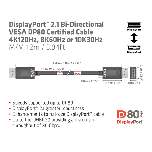 Club 3D Displayport 2.1 VESA DP80 gecertificeerde kabel male-male, afbeelding 3