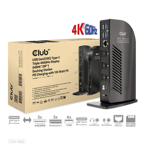 CLUB3D USB Gen2(10G) Type-C Triple 4K60Hz Display(HDMI/DP) Docking Station PD Charging with 135 Watt PS – image 8
