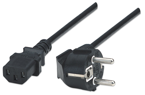 Product image: Manhattan Mains Power Cord/Cable, Euro 2-pin plug (CEE 7/4 Schuko) to C13 Female (kettle lead), 1.8m, 16A, Black, Lifetime Warranty