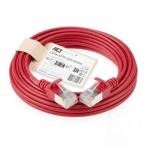 ACT Rode 5 meter LSZH S/FTP CAT6A slimline patchkabel snagless met RJ45 connectoren, afbeelding 2