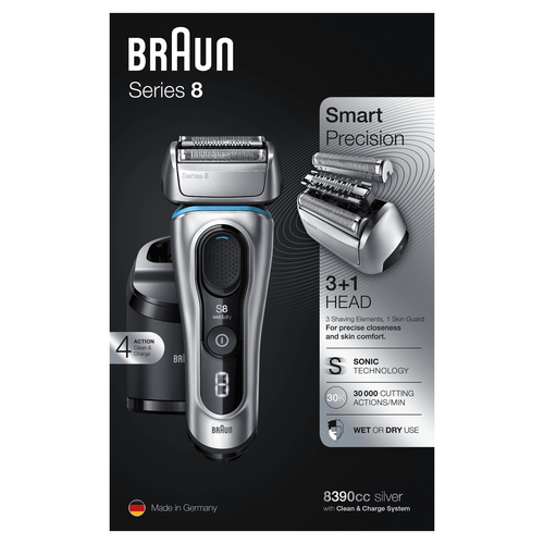Braun Series 8 8390cc Next Generation Electric Shaver, Clean&Charge Station, Fabric Case, Silver – image 4
