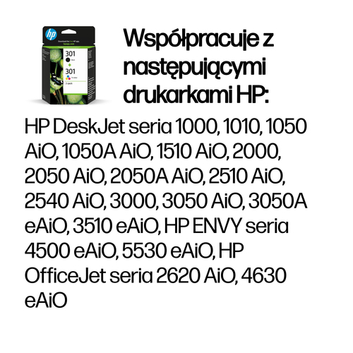 Zestaw 2 oryginalnych wkładów/tuszy HP 301 (N9J72AE) Czarny + kolorowy (CMYK)