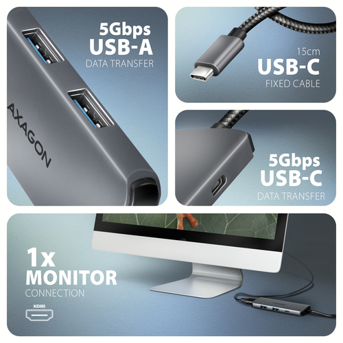 Axagon HMC-5H8K USB 5Gbps hub 2x USB-A USB-C HDMI 8k/30Hz PD 100W kabel USB-C – image 3