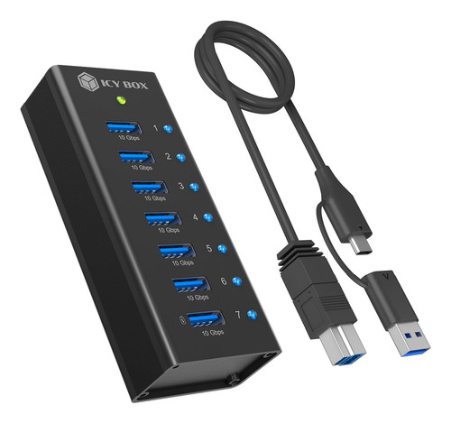 Box 7-Port USB 3.2 Gen 2 (10 Gpbs) Hub mit 1x Tablet-Ladeport, inkl. 12 V/3 A Netzteil, Vollmetall