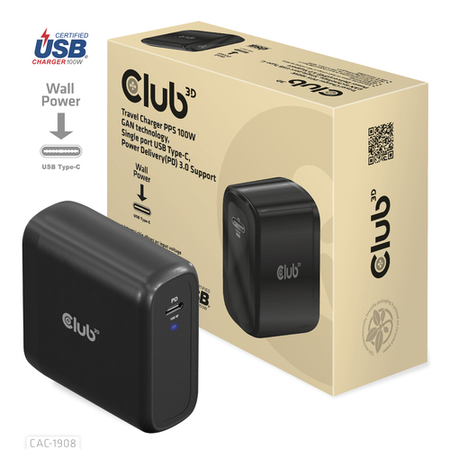 Club3D CAC-1908EU GAN Travel Adapter 100Watt USB-C PD Sort