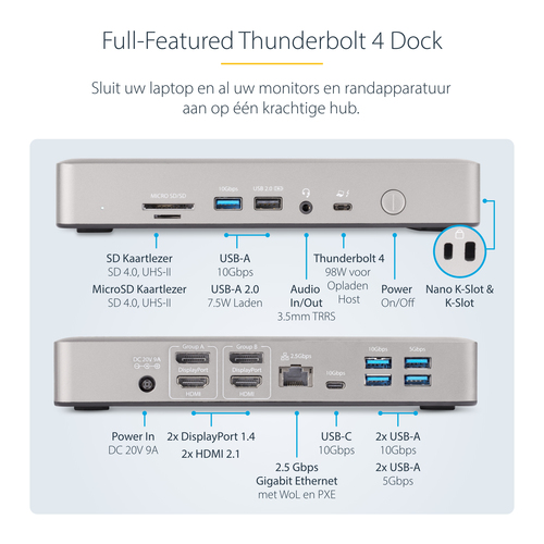 StarTech.com Thunderbolt 4 Multi-Display Docking Station, QuadTripleDual Monitor Dock, 2x HDMI2x DisplayPort, 7x USB Hub, 2.5 Gigabit Ethernet, 98W, afbeelding 10