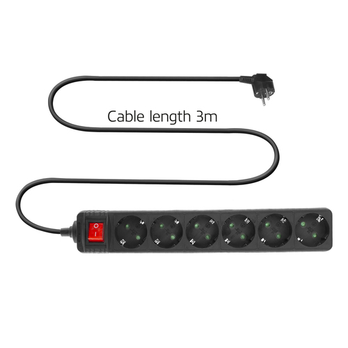 ACT Connectivity Stekkerdoos met lichtgevende schakelaar, 6 sockets, 3 m, zwart, afbeelding 2