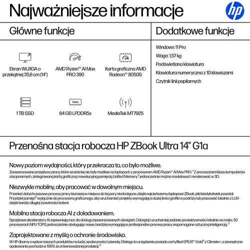 HP Inc. Mobilna stacja robocza ZBook Ultra 14 cali G1a Ryzen AI MAX PRO 390  1TB/64GB/W11P/14.0   A3ZN4ET