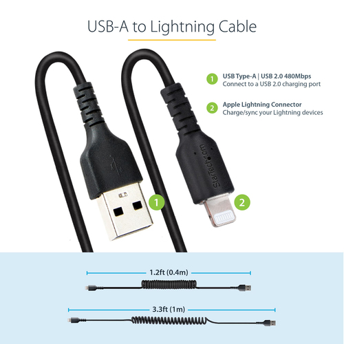 StarTech.com 1m (3ft) USB to Lightning Cable, MFi Certified, Coiled iPhone Charger Cable, Black, Durable and Flexible TPE Jacket Aramid Fiber, Heavy Duty Coil Charging Cable - Rugged USB Lightning Cable Lightning-kabel 1m Sort – billede 8