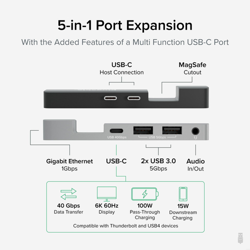 Plugable Technologies 5-in-1 USB C Hub Multiport Adapter for MacBook Pro 14/16 Inch, Macbook Air M2 - USB-C 40Gbps Port Compatible with Thunderbolt/USB4 and 100 – image 2