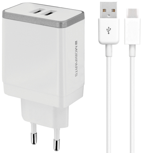 Mobiparts Wall Charger Dual USB 4.8A + USB-C Cable White