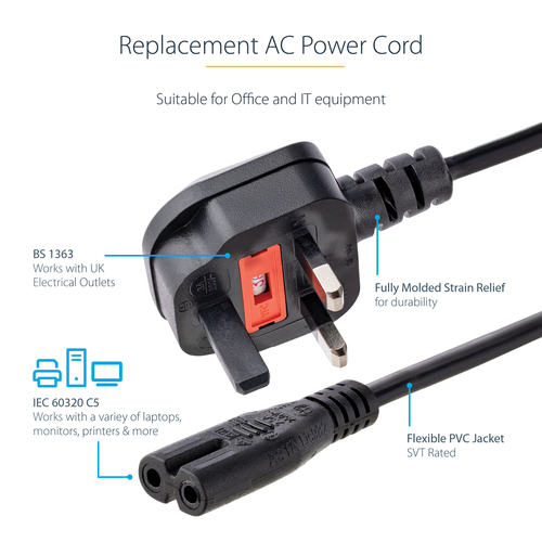 StarTech.com 3ft (1m) UK Laptop Power Cable, BS 1363 to C7, 2.5A 250V, 18AWG, Black, AC Notebook/Laptop Replacement Cord, Printer Cable, UK Laptop Charger Cord, BS 1363 to IEC60320 C7 - Power Brick Cord Strømkabel 1m Sort – billede 5