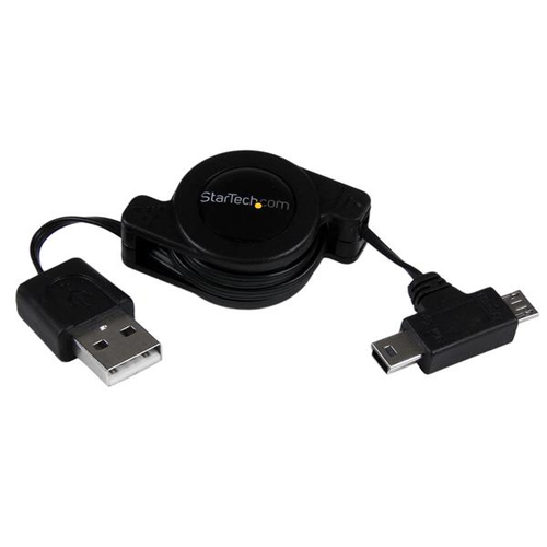 USBRETAUBMB StarTechcom Cable Adaptador Retráctil de 76cm USB A Macho a Mini USB B y Micro USB B Macho - Combo - Cable USB - USB M a mini USB tipo B Micro-USB tipo B M - 762 cm - retráctil - negro - para P/N USB2PCARBK USB2PCARBKS USBEXTAA10BK USBEXTAA6BK USBLT2PCARW USBUB2PCARB