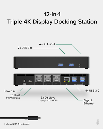 Plugable Technologies 12-in-1 USB C Triple Monitor Docking Station, Triple 4K Displays with 3x HDMI or 3x DisplayPort, Compatible with Mac, Windows, Thunderbolt – image 2