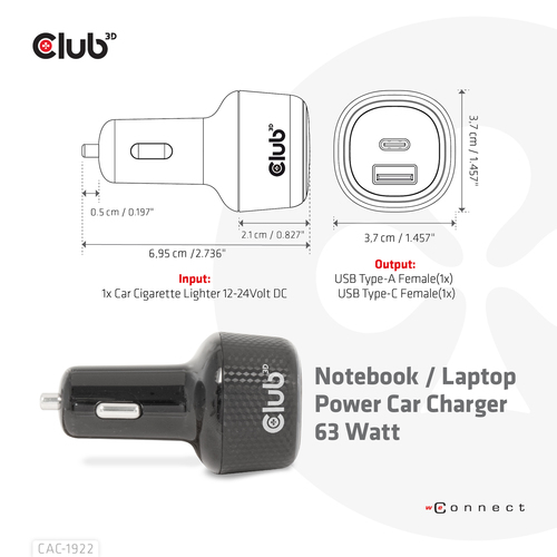 Club 3D Notebook / Laptop autolader 63 Watt oplader, afbeelding 3