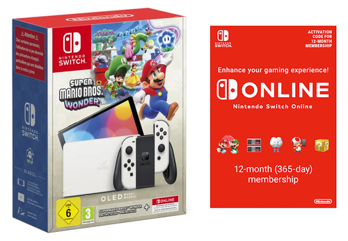 Nintendo Switch OLED (White) + Super Mario Bros. Wonder + Online Individual 12-Month портативная игровая приставка 17,8 cm (7") 64 GB Сенсорный экран Wi-Fi Белый