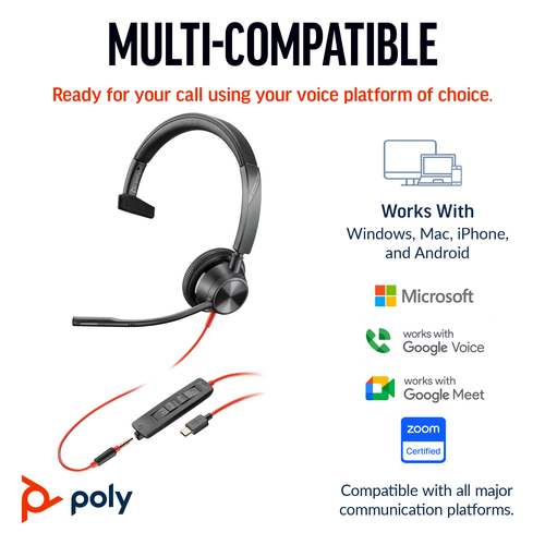 Poly Blackwire 3315 Monaural USB-C Headset +3.5mm +USB-A Adapter - image 2
