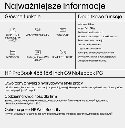 HP Inc. Notebook ProBook  455 G9 R5-5625U 512GB/16GB/W11P/15.6 9M3U3AT