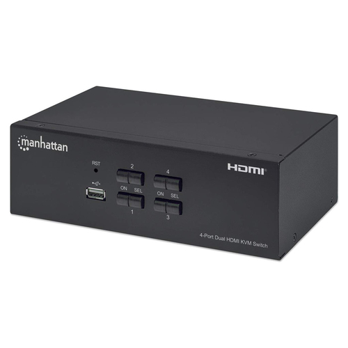 Manhattan HDMI KVM Switch 4-Port, 4K@30Hz, USB-A/3.5mm Audio/Mic Connections, Cables included, Audio Support, Control 4x computers from one pc/mouse/screen, USB