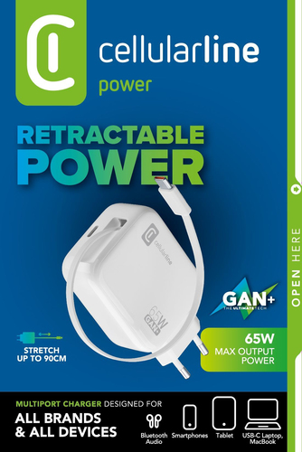 Cellularline Retractable Power 65W Гарнитура, Универсальная Белый Кабель переменного тока Быстрая зарядка Для помещений
