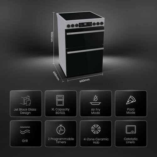 Hisense Hi6 Max HDCEC6C20X 60cm Wide Double Oven Electric Cooker with Ceramic Hob - Stainless Steel - A Rated, Stainless Steel - image 2