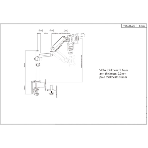 Manhattan Soporte de sobremesa para TV/monitores (Articulado de gas), para pantallas de 13" a 27", fijación con abrazadera o por ojal, Compatibilidad VESA: 75×75 y 100×100 mm (verifique las dimensiones de los cuatro orificios de montaje traseros), carga máxima 8kg imagen 8