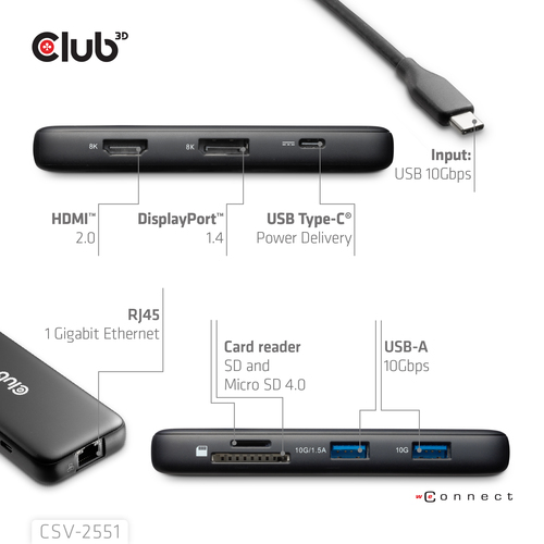 Club 3D 8-1 Portable Dock USB-C 10Gbps naar HDMI en DisplayPort dockingstation, afbeelding 6