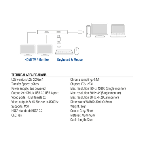 ACT Connectivity USB-C 4K multiport adapter voor 2 HDMI schermen, USB-A datapoort, afbeelding 9
