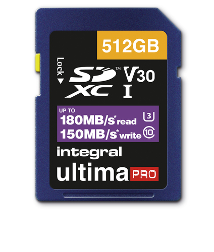 Integral 512GB SD CARD SDXC UHS-1 U3 CL10 V30 UP TO 180MBS READ 150MBS WRITE
