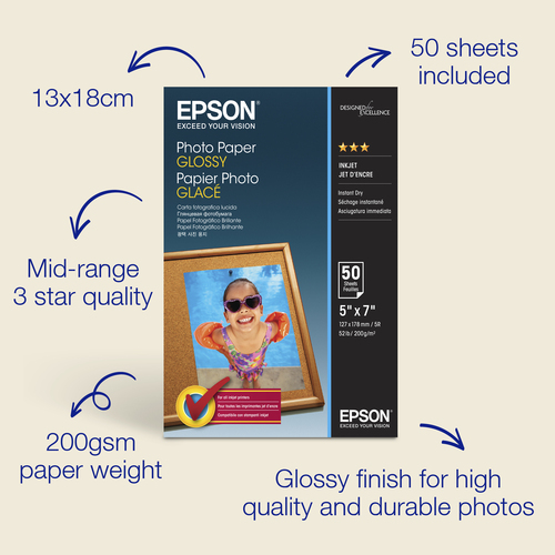 Epson - Skinnende - 127 x 178 mm - 200 g/m² - 50 ark fotopapir - for EcoTank ET-2750, 2751, 2756, 2850, 2851, 2856, 4750, 4850 Expression Home HD XP-15000