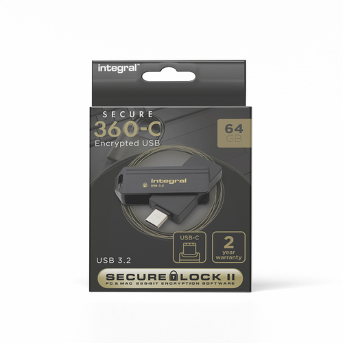 Integral 64GB USB-C 3.2 GEN1 DRIVE (USB3.1 USB3.0) SECURE360-C TYPE-C BLACK SECURELOCK2 AES 256BIT SOFTWARE ENCRYPTION
