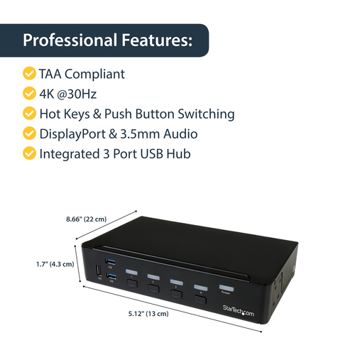 StarTech.com 4 Port DisplayPort KVM - DP KVM Audio and Built-in USB 3.0 Hub for Peripherals - 4K 30Hz (SV431DPU3A2) KVM / USB switch Monterbar på stativ – billede 5