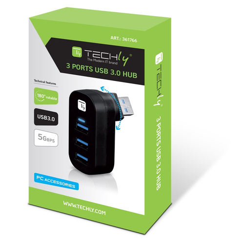 Techly 180° Drehbarer Hub 3*USB 3.0 met Kabel, afbeelding 2