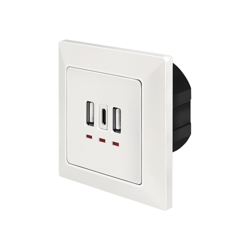 LogiLink - USB-outlet - 15W, installationsdybde 30 mm - 1 gang - 2 USB-sokler, 1 USB-C-sokkel - hvid