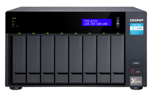 TVS-872X-I3-8G-US NAS QNAP TVS-872X-I3-8G-US/8 BAHIAS INTEL CORE I3, 8 GB RAM DDR4 SODIMM, HASTA 64 GB/ 2 PTO LAN GBE/ 1 PTO 10 GBE/USB 3.2X1/ HOTSWAP/SATA/HASTA 160 TB/ NO INCLUYE DISCOS/ HDMI 2.0/M.2 2280