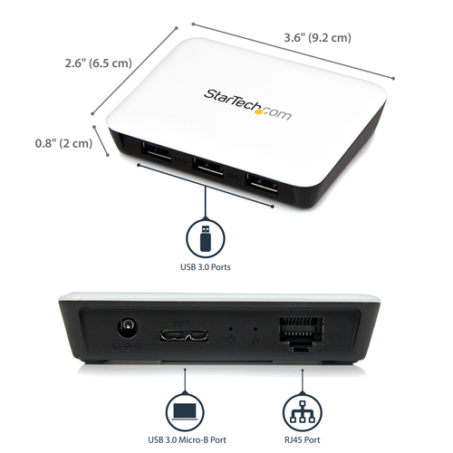 StarTech.com USB 3.0 to Gigabit Ethernet NIC Network Adapter with 3 Port Hub - White – image 6