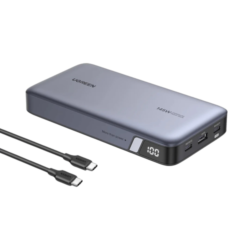 Power Bank de 25000mAh 3 Salidas 145W Max USB-A 2 USB-C PD 30 QC30 FCP SCP Pantalla Inteligente Carcasa Ignifuga Color Gris Incluye Cable USB de 50cm Carga tu Laptop de Manera Segura 90597A - 90597A