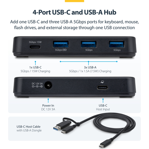StarTech.com 4-Port USB-C and USB-A Hub, 5Gbps, Self-Powered, 2-in-1 USB-C and USB-A Host Cable, 1x USB-C and 3x USB-A (1x BC 1.2) – image 5