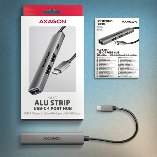 Axagon HUB USB HUE-STC, 4x USB ALU STRIP hub, 1x USB-A 5Gbps, 2x USB-A & 1x USB-C 480Mbps, kabel USB-C 12cm – image 6