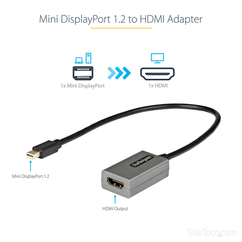 StarTech.com Mini DisplayPort to HDMI Adapter, mDP to HDMI Adapter Dongle, 1080p, Mini DisplayPort 1.2 to HDMI Monitor/Display, Mini DP to HDMI Video Converter, 12 Long Attached Cable - Thunderbolt 1/2 Compatible (MDP2HDEC) Videoadapter 30cm Sort Grå – billede 3