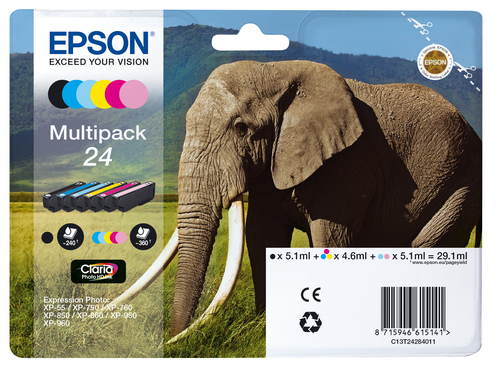 Epson 24 Elephant Black Cyan Light Cyan Light Magenta Magenta Yellow Standard Capacity Ink Multipack 5.1ml + 5 x 4.6ml (Pack 6) - C13T24284011