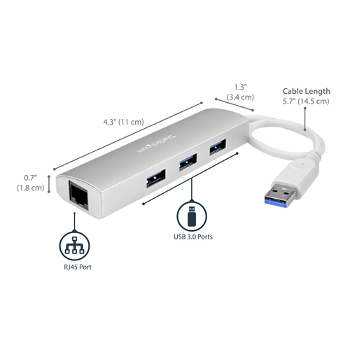 StarTech.com 3-Port USB Hub with Ethernet, USB-A Ports, Gigabit Ethernet/GbE, USB 5Gbps, Rugged Design, Bus-Powered, Portable Laptop USB 3.0 Hub – image 7