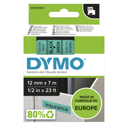 Dymo Black on Green 4500 D1 Standard Tape 12mm x 7m - image 1