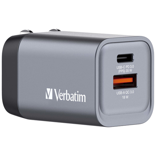 Cargador de pared Verbatim GaN de 35 Combina un puerto USB-C PD de 35 W y un puerto USB-A QC 30 EU/UK/US  32200 - 32200