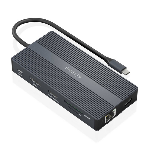 AISENS USB-C Dock 12 in 1, USB-C to 2xHDMI, 1xDisplayport, 1xRJ45, 4xUSB-A, 1xUSB-C, 1xUSB-C PD, 1xSD, 1xMicro SD, Gray, 20cm
