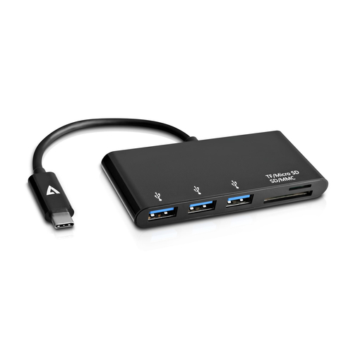 V7 V7UC3U-HUB-BLK-1E. Interface do host: USB 3.2 Gen 1 (3.1 Gen 1) Type-C, Interfaces de hub: USB 3.2 Gen 1 (3.1 Gen 1) Type-A, Tipos de cartão de memória compatíveis: MMC, MicroSD (TransFlash), SD. Velocidade real de transferência: 5000 Mbit/s, Cor do produto: Preto, País de origem: China. Corrente de saída: 0,9 A. Peso: 50 g. Comprimento da embalagem: 160 mm, Profundidade da embalagem: 240 mm, Altura da embalagem: 20 mm
