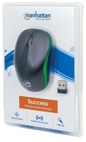 Manhattan Success Wireless Mouse, Black/Green, 1000dpi, 2.4Ghz (up to 10m), USB, Optical, Three Button with Scroll Wheel, 