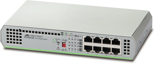 AT-GS910/8-10 Switch Gigabit No Administrable, 8 Puertos 10/100/1000 Mbps fuente de alimentación interna <br>  <strong>Código SAT:</strong> 43222610